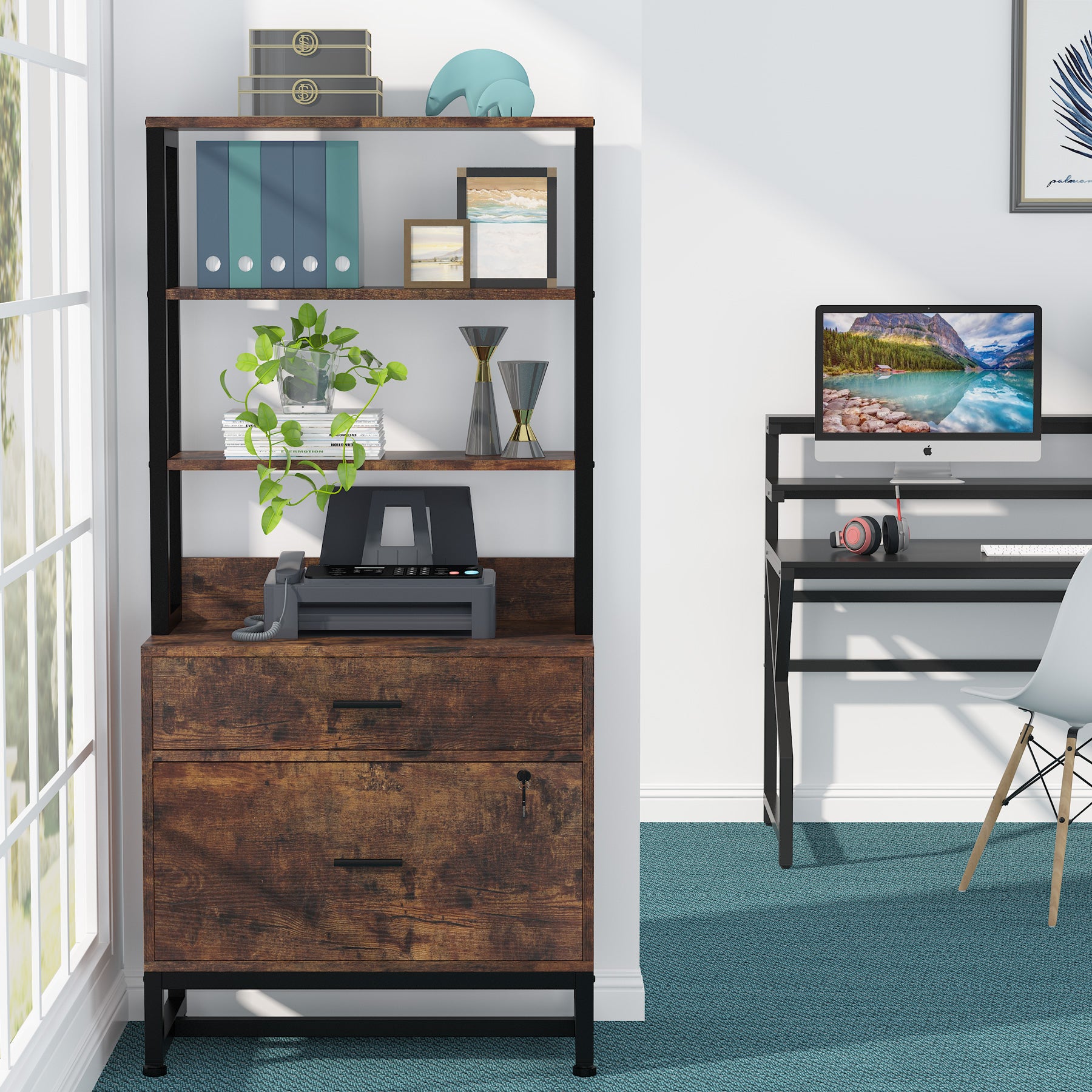 Vertical File Cabinet with 2 Drawers & Bookshelf